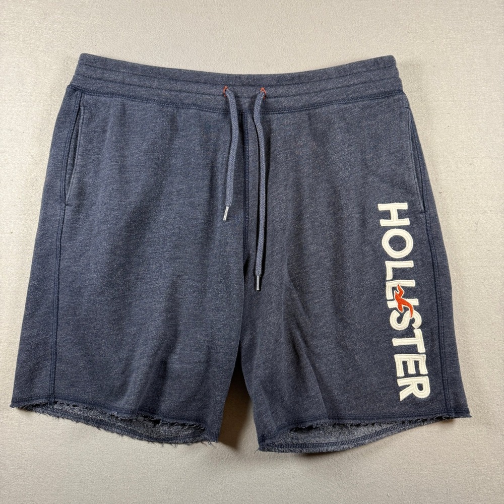 Hollister Shorts Mens L Navy Blue Sweatshorts Logo Raw Hem Lounge Athletic Sport